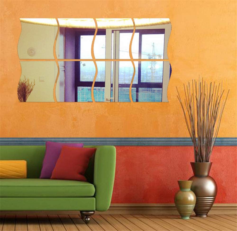 3D Wavy Mirror Wall Stickers, 8PCS Mirror Art DIY Home Decorative Acrylic Mirror Wall Sheet Plastic Tiles