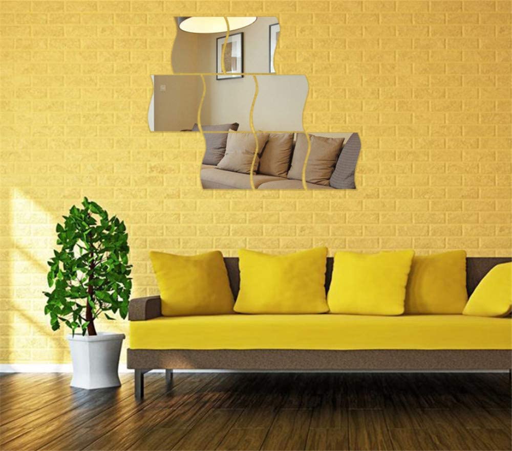 3D Wavy Mirror Wall Stickers, 8PCS Mirror Art DIY Home Decorative Acrylic Mirror Wall Sheet Plastic Tiles
