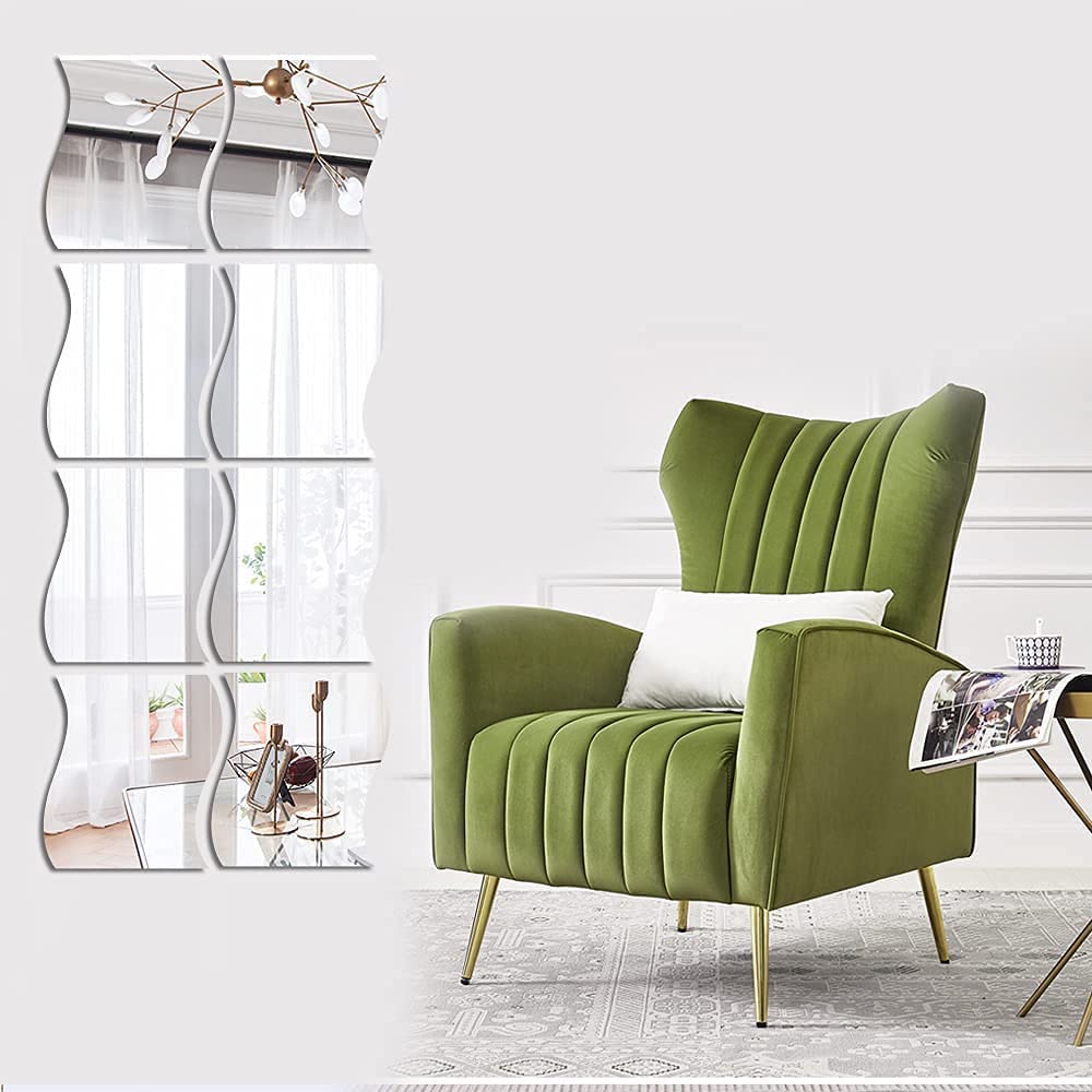 3D Wavy Mirror Wall Stickers, 8PCS Mirror Art DIY Home Decorative Acrylic Mirror Wall Sheet Plastic Tiles