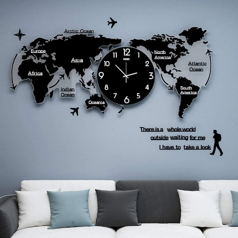 Stylish Large 3D Acrylic World Map Wall Clock