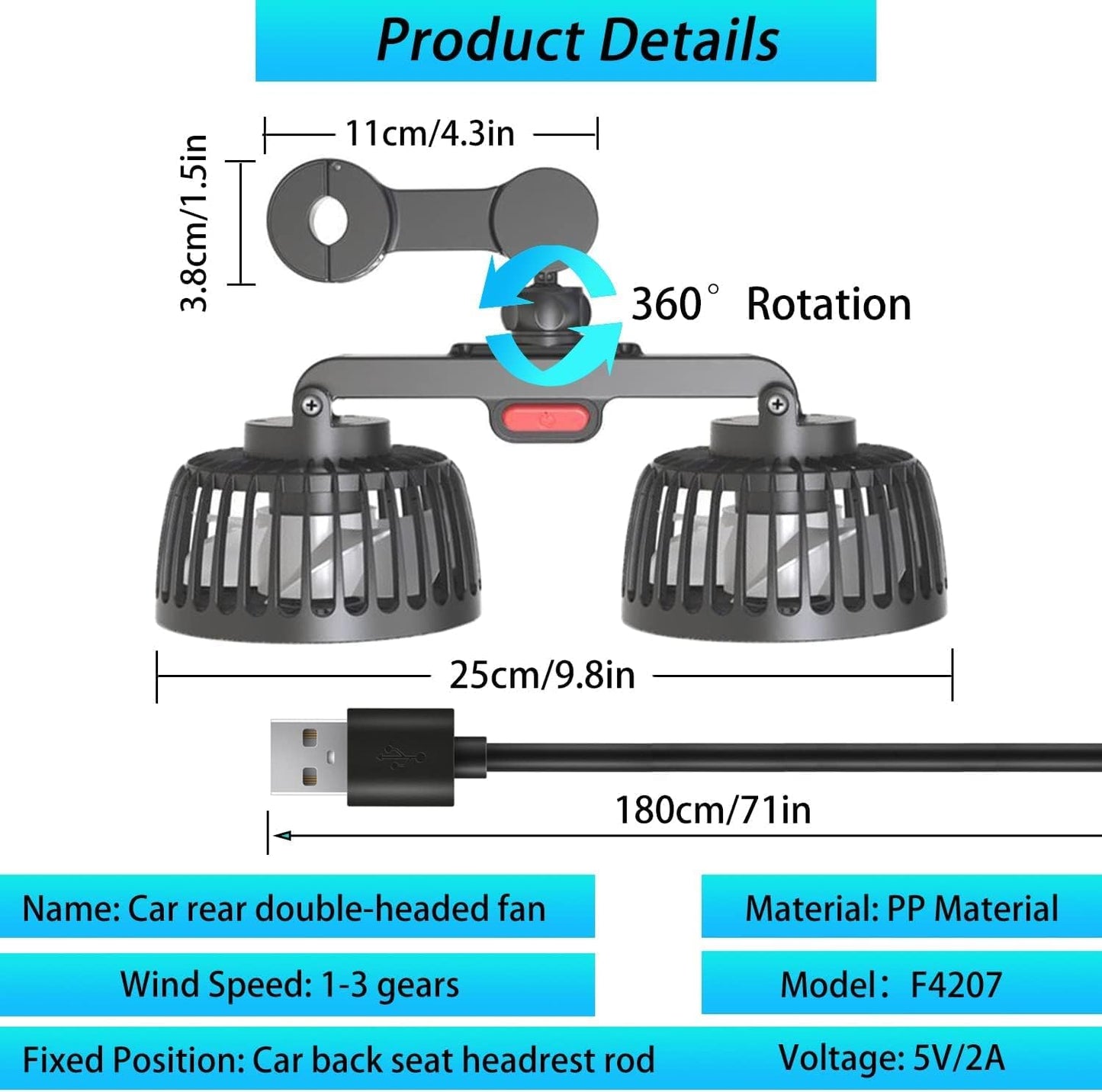 USB Car Dual-Head Rear Ventilation Fan