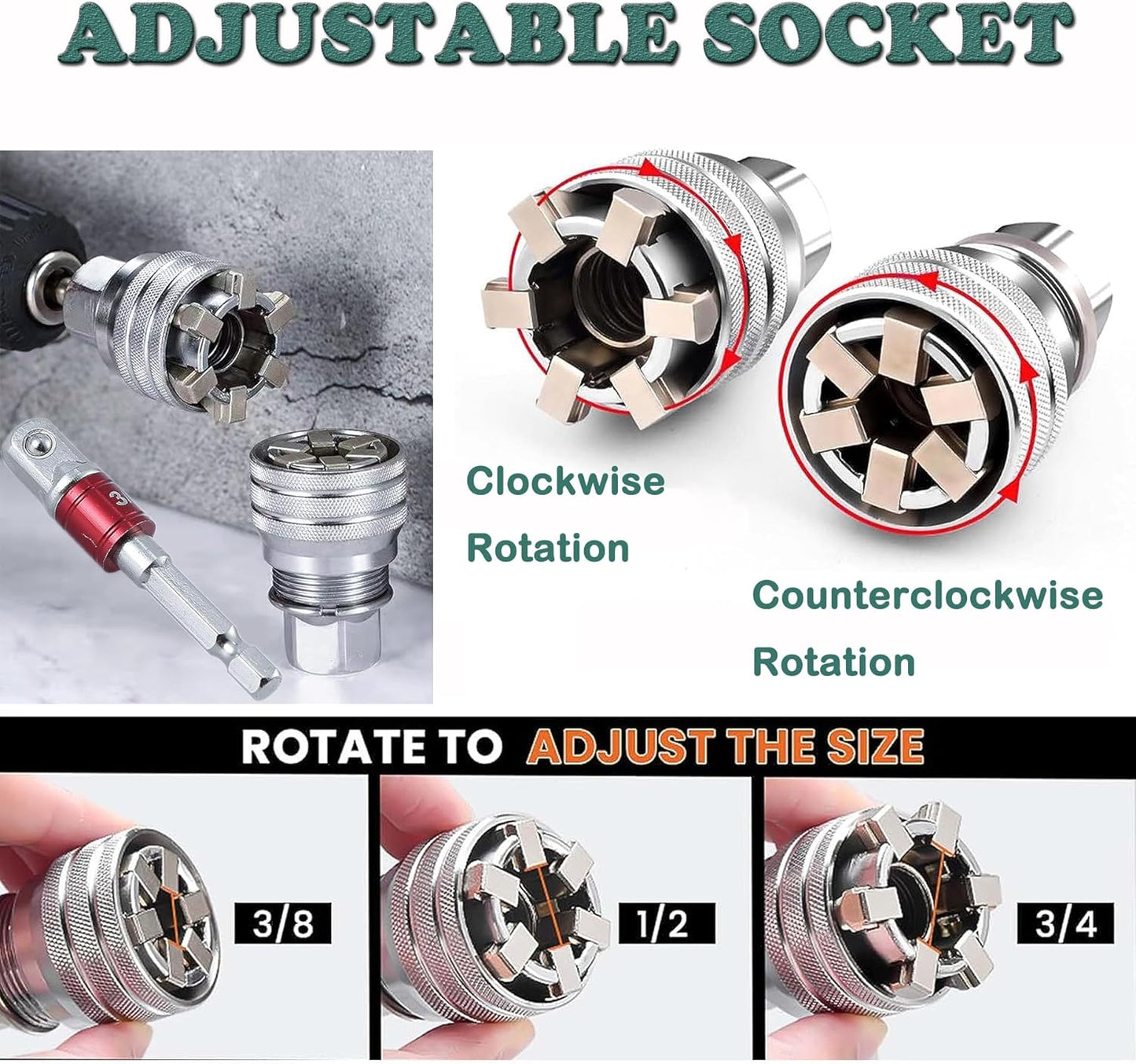 Universal Adjustable Socket Wrench with Adapter